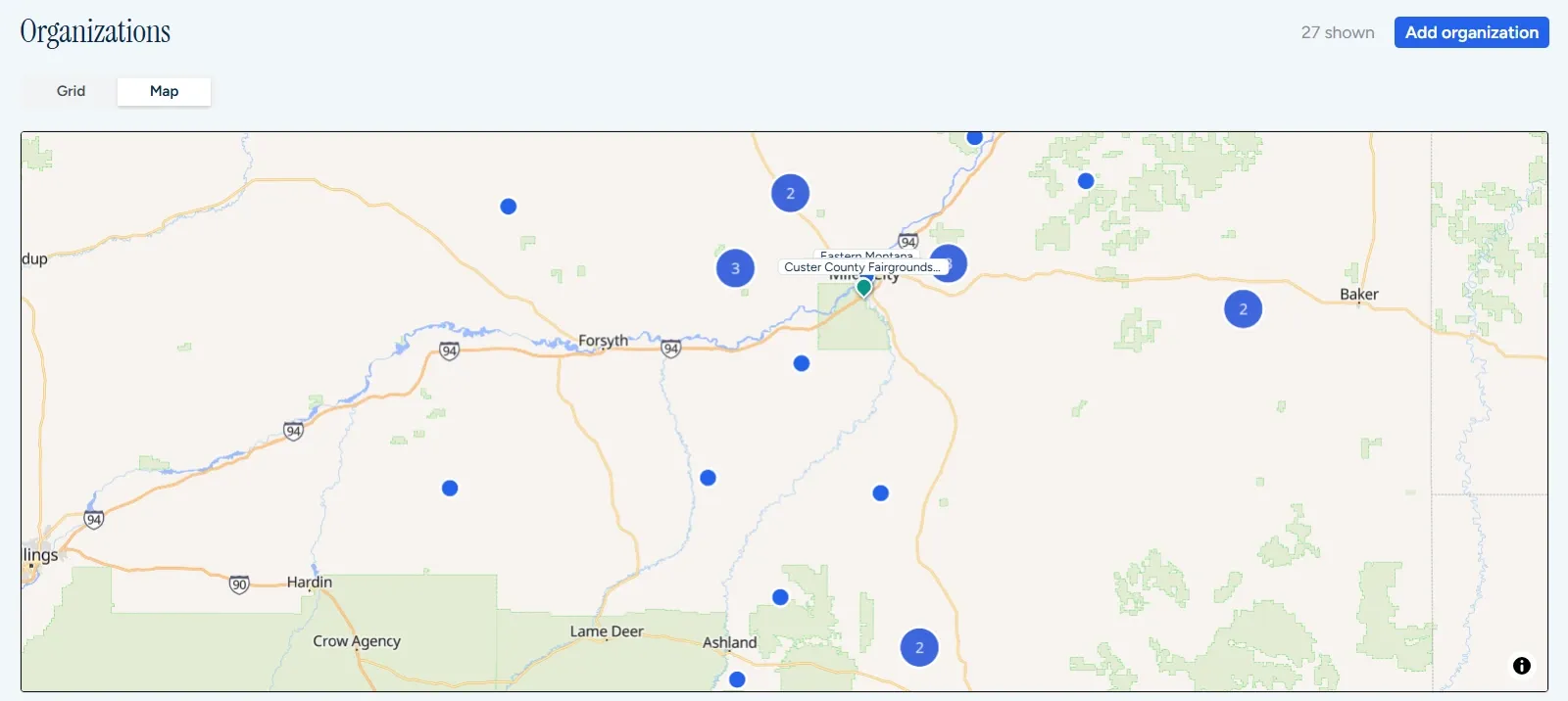The same map narrowed to the Eastern Montana chapter. Its 27 member organizations are scattered across the region around Miles City, where the chapter's venue, Custer County Fairgrounds, is pinned.